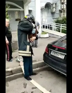 Спасатель отпаивает водой испуганную кошку после пожара в Бутово